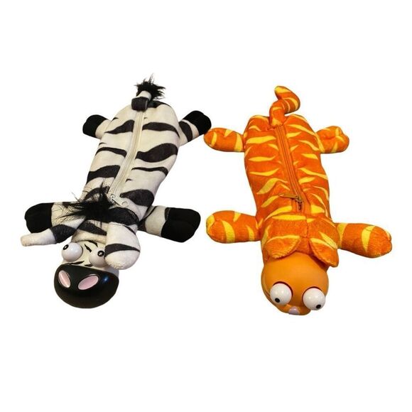 Lot Of 2 Bug Eye Zebra Cat Soft Plush Zipper Bag Zoo Animal - Picture 1 of 10